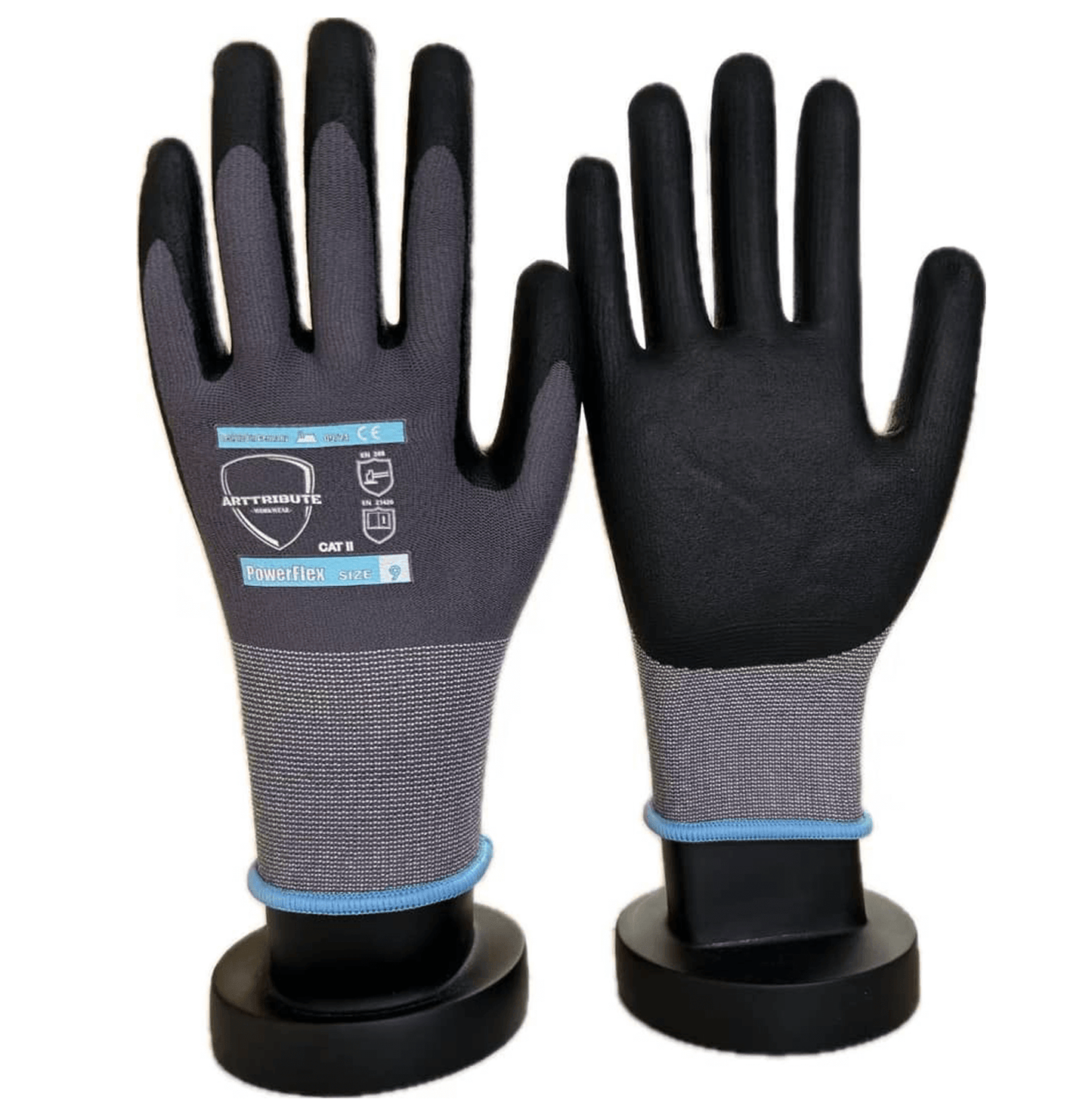 PowerFlex nitrile work gloves with breathable design, ideal for construction and logistics, providing high grip and chemical protection.