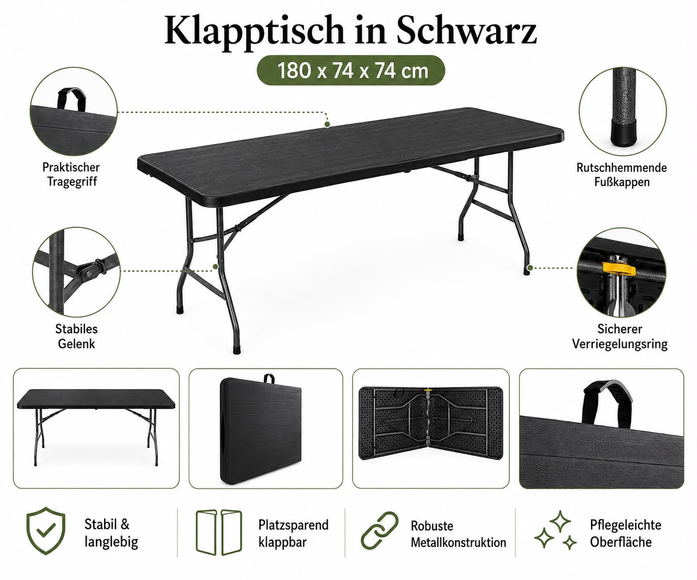 Outdoor Klapptisch 180 cm Holzoptik Schwarz 2