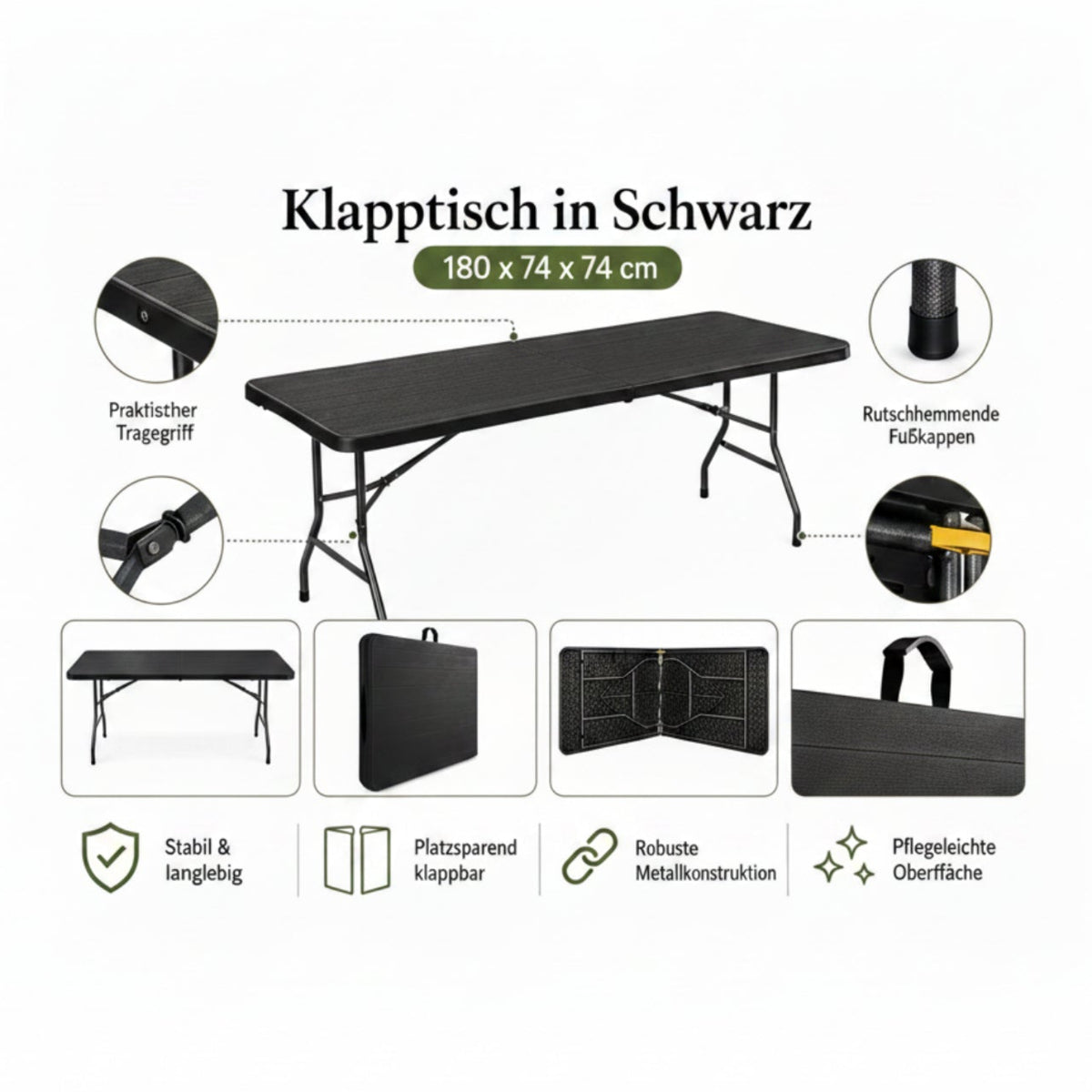 Outdoor Klapptisch 180 cm Holzoptik Schwarz 2