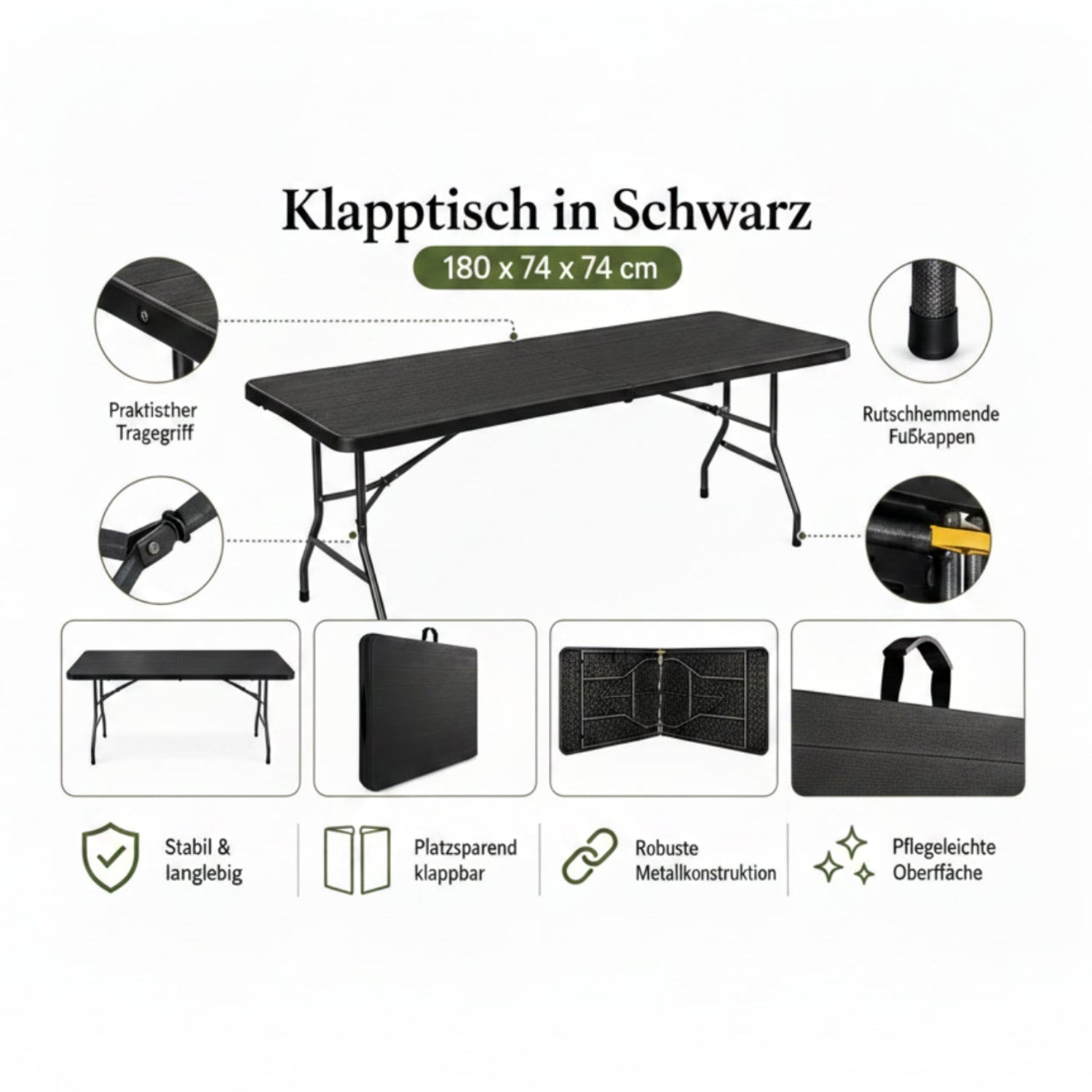 Outdoor Klapptisch 180 cm Holzoptik Schwarz 2