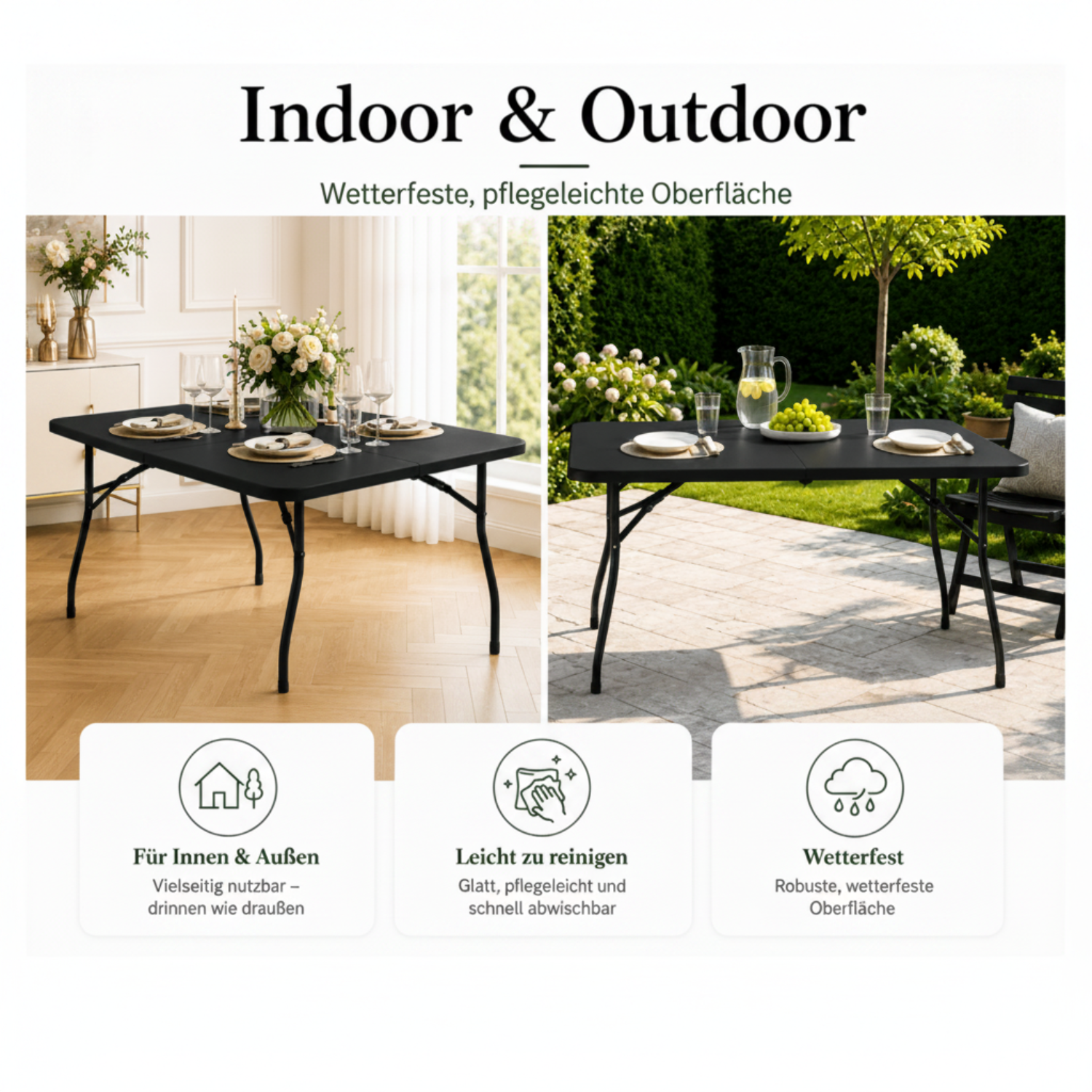 Outdoor Klapptisch 180 cm Schwarz – klappbar und wetterfest, Ansicht 1