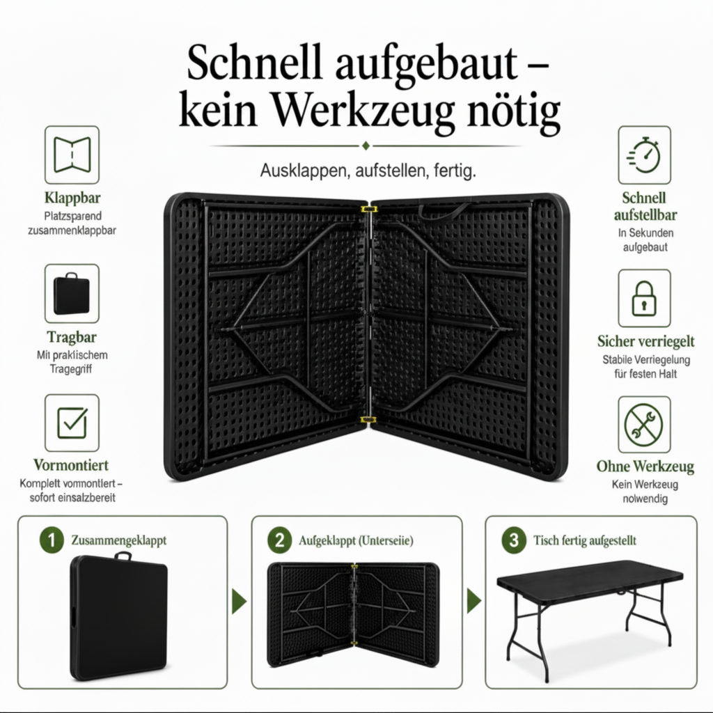 Outdoor Klapptisch 180 cm Schwarz – klappbar und wetterfest, Ansicht 2