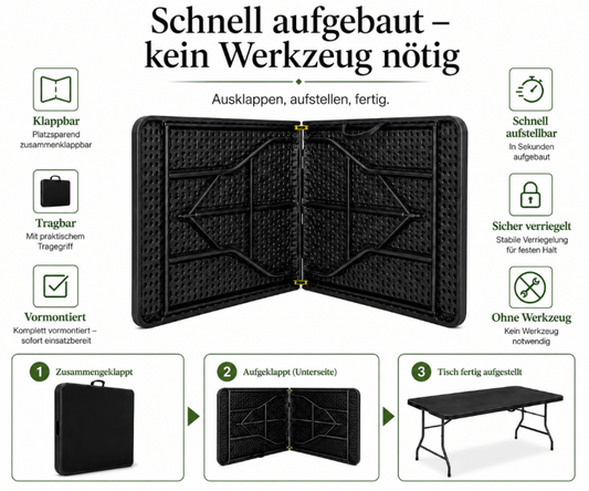 Outdoor Klapptisch 180 cm Schwarz – klappbar und wetterfest, Ansicht 2