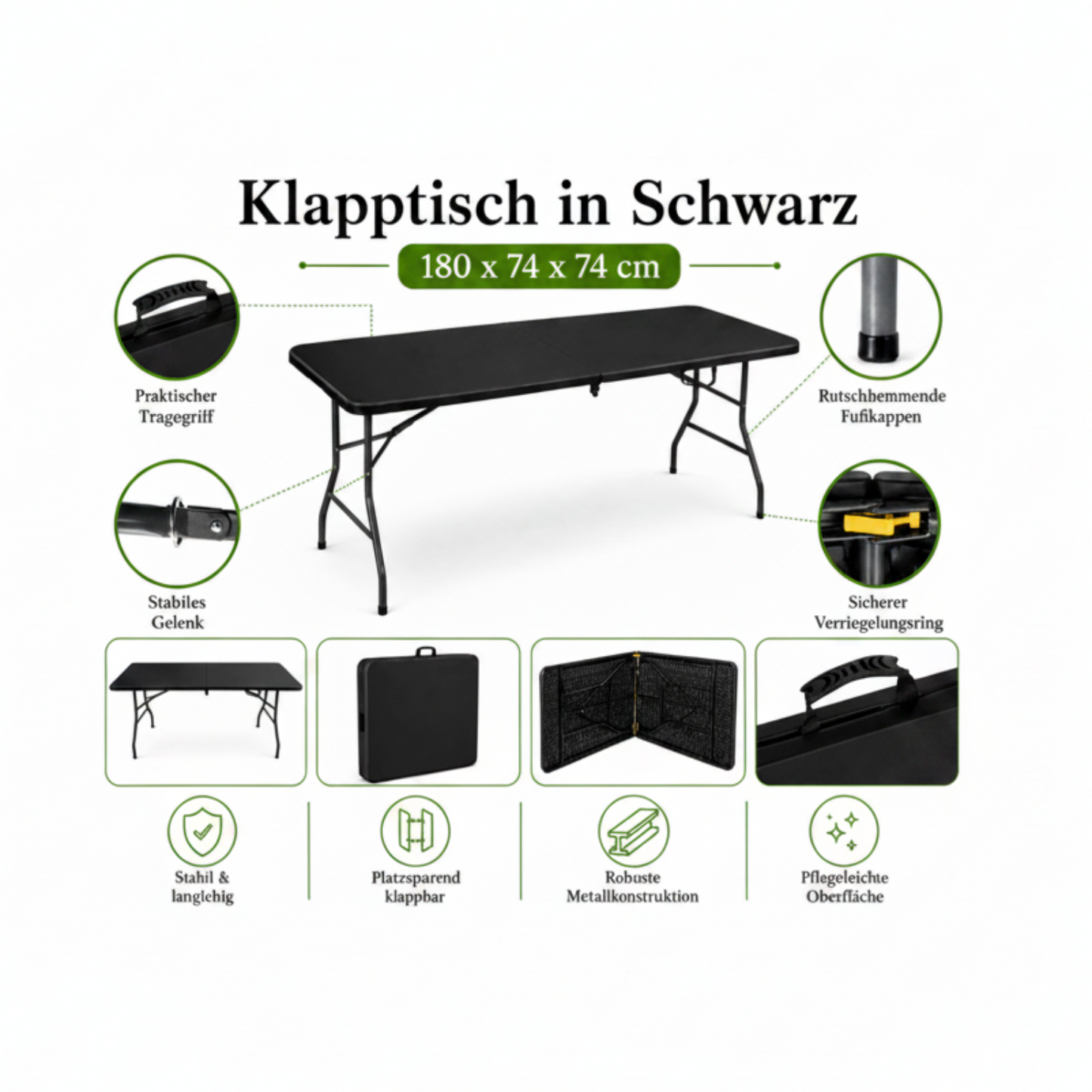 Outdoor Klapptisch 180 cm Schwarz – klappbar und wetterfest, Ansicht 3