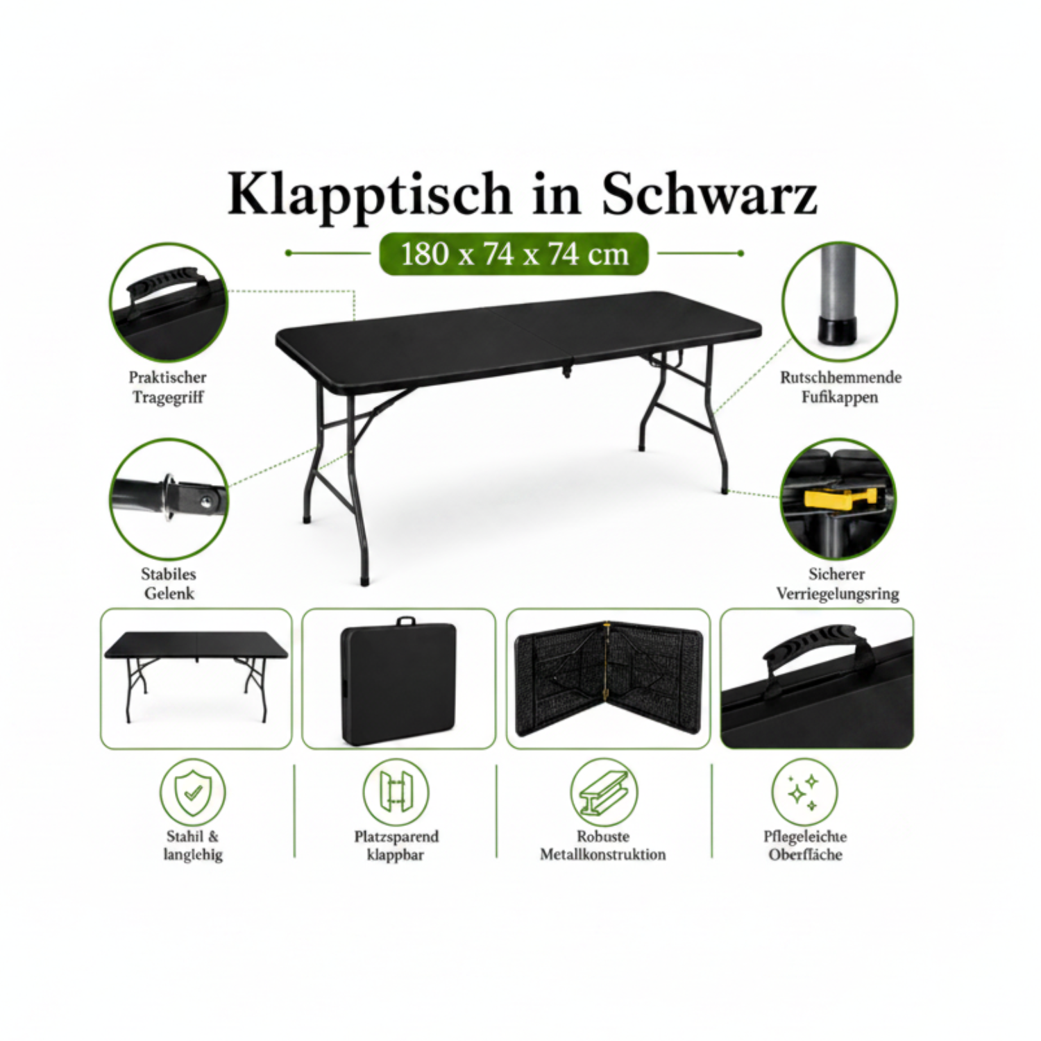 Outdoor Klapptisch 180 cm Schwarz – klappbar und wetterfest, Ansicht 3