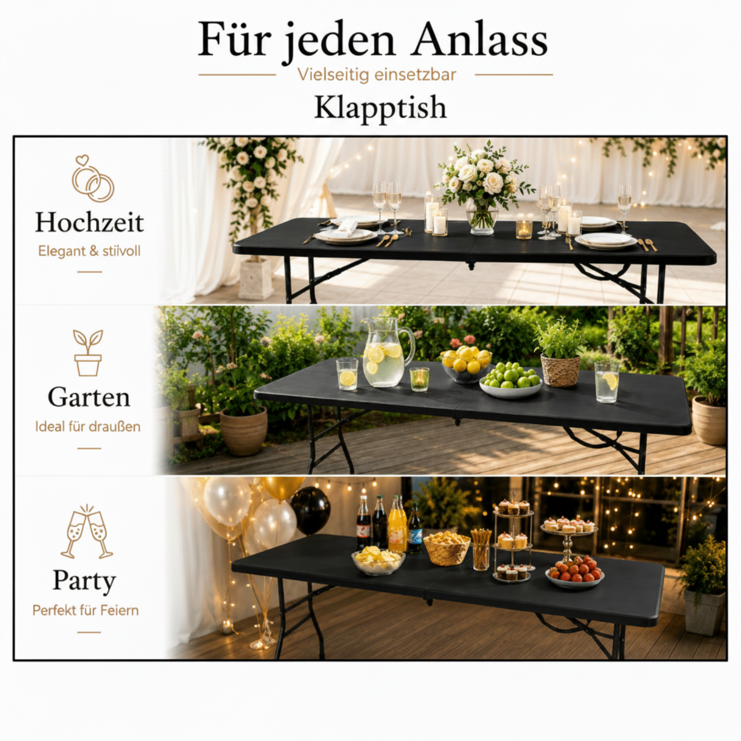 Outdoor Klapptisch 180 cm Schwarz – klappbar und wetterfest, Ansicht 4