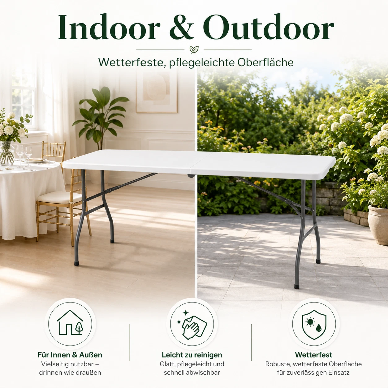 Outdoor Klapptisch 180 cm Weiß – klappbar und wetterfest, Ansicht 1