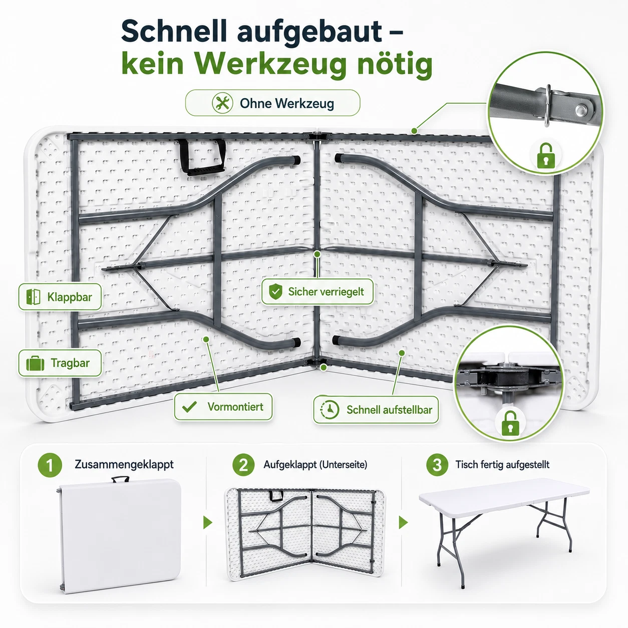 Outdoor Klapptisch 180 cm Weiß – klappbar und wetterfest, Ansicht 2