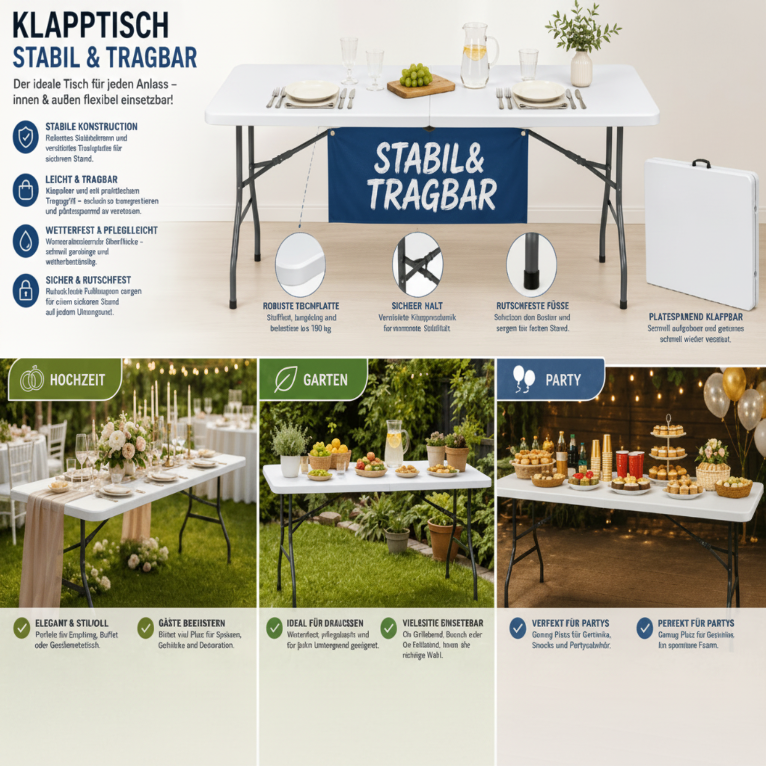 Outdoor Klapptisch 180 cm Weiß – klappbar und wetterfest, Ansicht 3