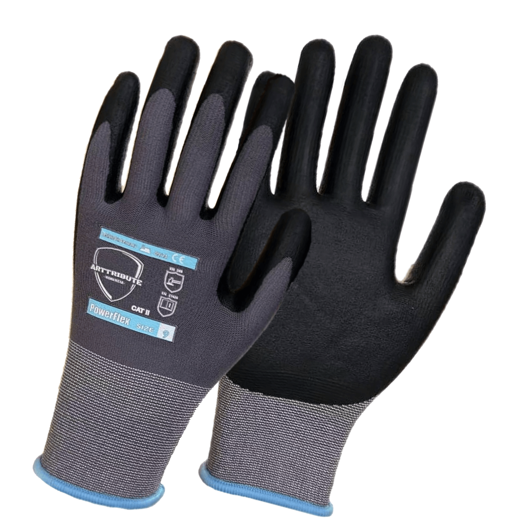 PowerFlex work gloves made of nitrile, nylon, and spandex, featuring high grip and chemical resistance.