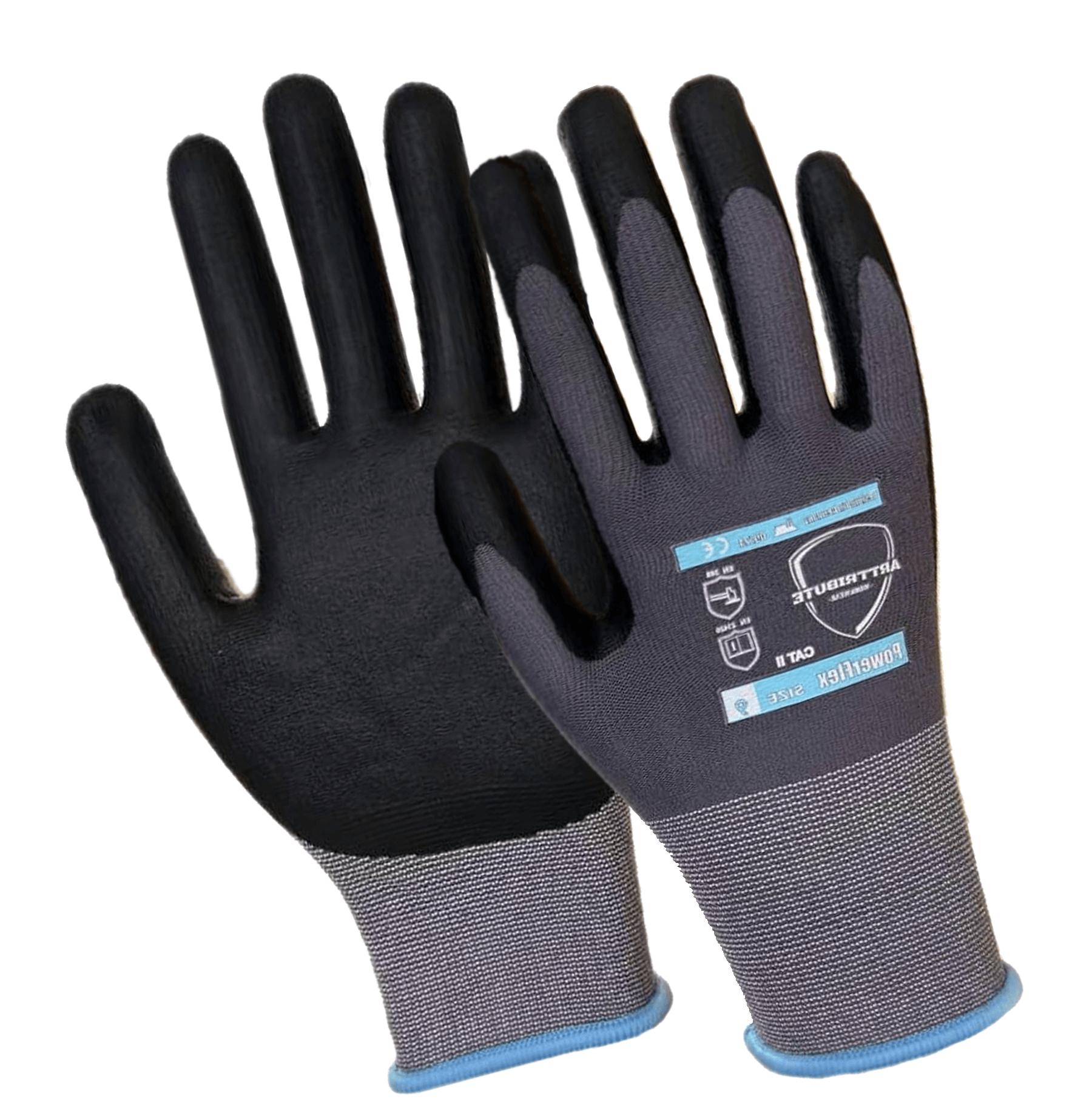 PowerFlex work gloves made of nitrile, nylon, and spandex, featuring high grip and chemical resistance.