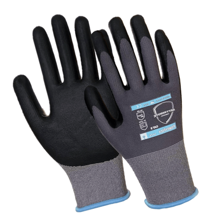 PowerFlex work gloves made of nitrile, nylon, and spandex, featuring high grip and chemical resistance.