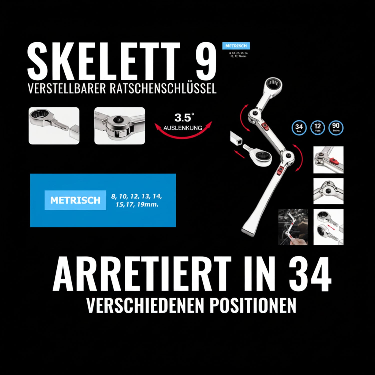 Ratschenschlüssel Skelett 9 – Produktlogo und Markenansicht